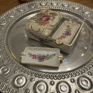 Floral Porcelain Ashtray with Gold Accents